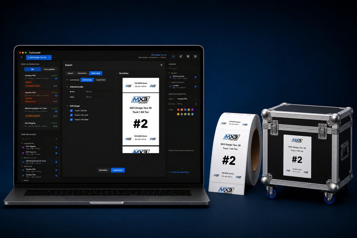 Software-Produktbild: MX³ Design TruckLoader Software, Benutzeroberfläche mit Lade- und Entladefunktionen, übersichtlich dargestellt