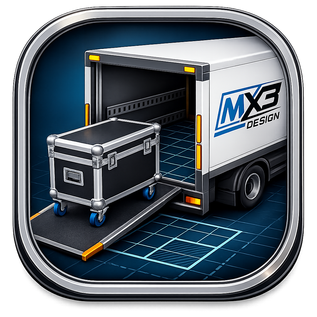 Logo der Software TruckLoader von MX³ Design, stilisiertes Design-Logo auf weißem Hintergrund