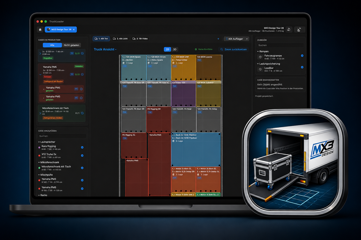 Grafische Benutzeroberfläche der TruckLoader Software von MX³ Design mit Drag-and-Drop-Elementen und Menüleisten.