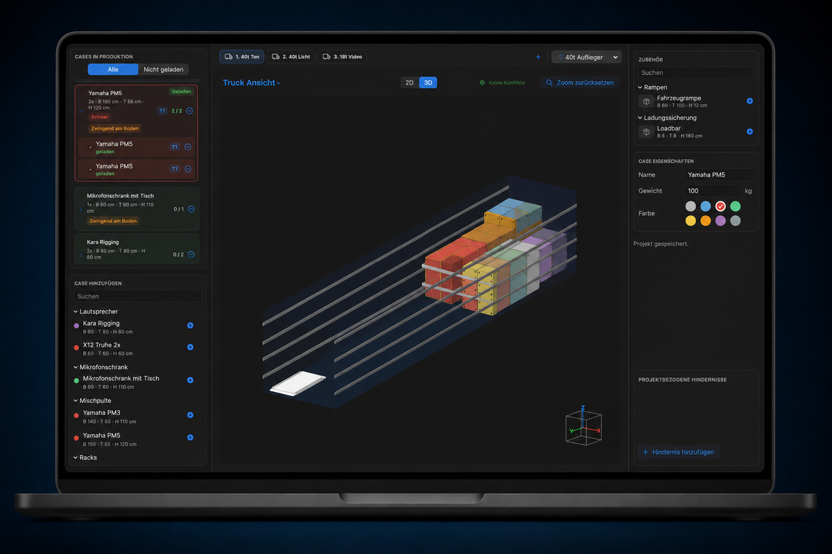 Grafische Darstellung der TruckLoader Software von MX³ Design, zeigt Benutzeroberfläche und Ladeprozess.