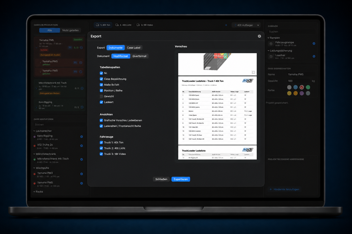 MX³ Design TruckLoader Software-Screenshot mit Benutzeroberfläche und Steuerungselementen auf digitalem Bildschirm